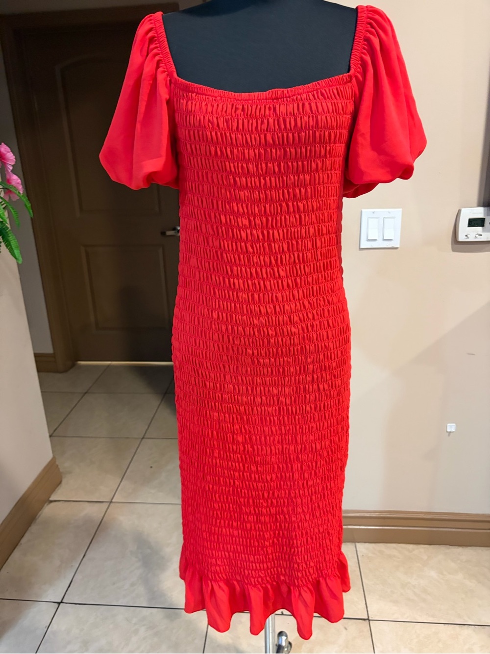 Trixxi Red Smocked Puff-Sleeve Midi Dress